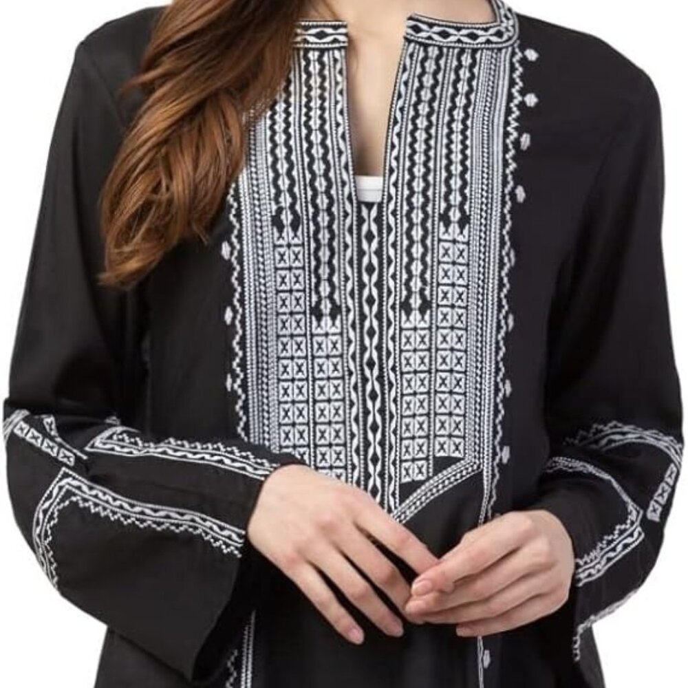 NWT Lana Collection Black Embroidered Long Sleeve Boho Tunic Top. Size Large